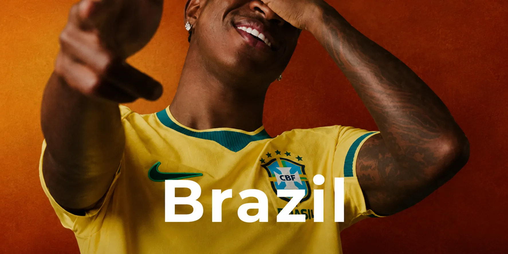 Brazil football jersey with player on yellow kit background