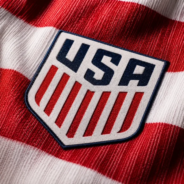 USA football crest on red and white jersey fabric background