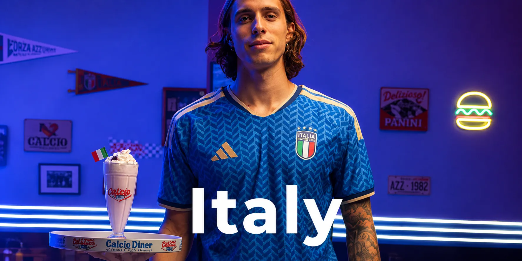 Italy football jersey with player on blue kit background