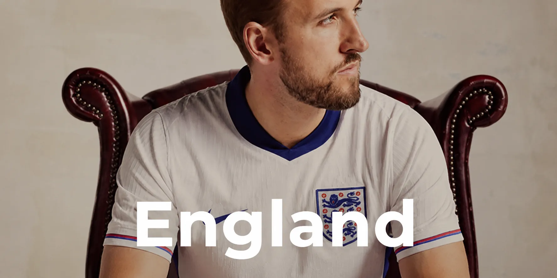 England football jersey with player on white kit background