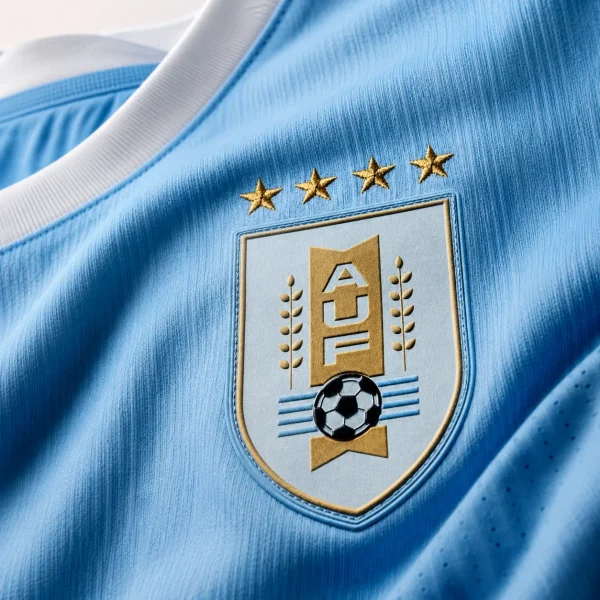Uruguay football crest on sky blue jersey fabric background