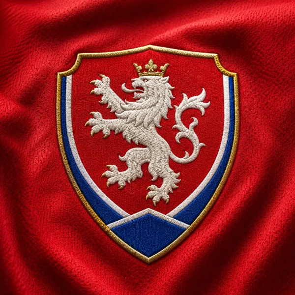 Czechia football crest on red jersey fabric background