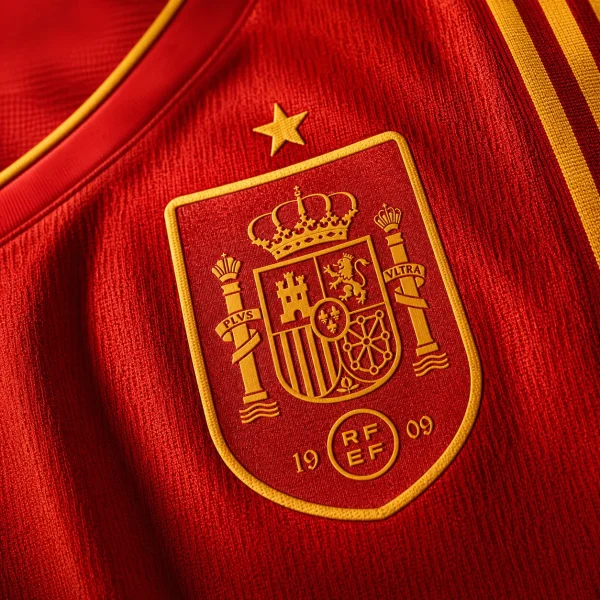 Spain football crest on red jersey fabric background