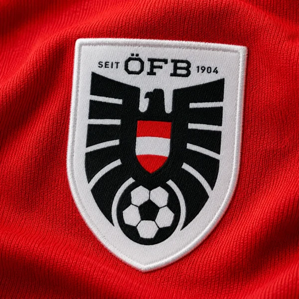 Austria football crest on red jersey fabric background