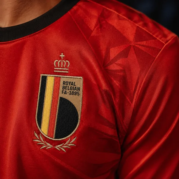 Belgium football crest on red jersey fabric background