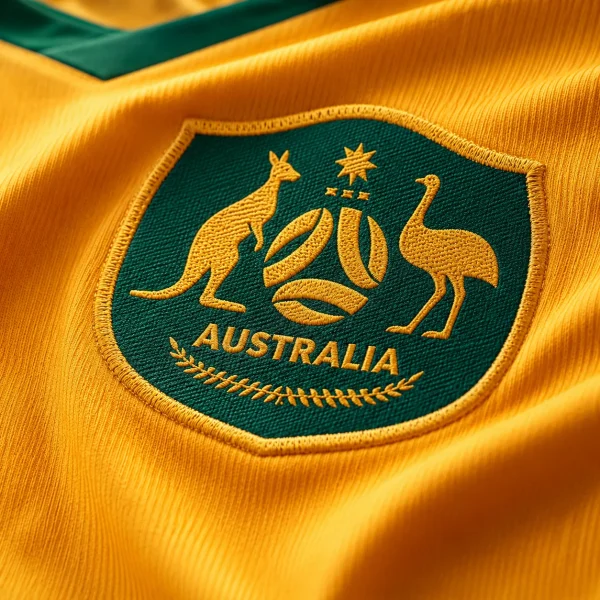 Australia football crest on gold jersey fabric background