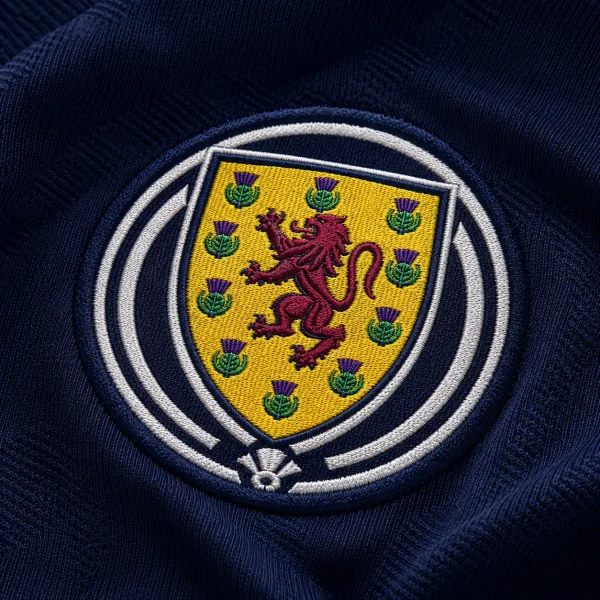 Scotland football crest on navy jersey fabric background