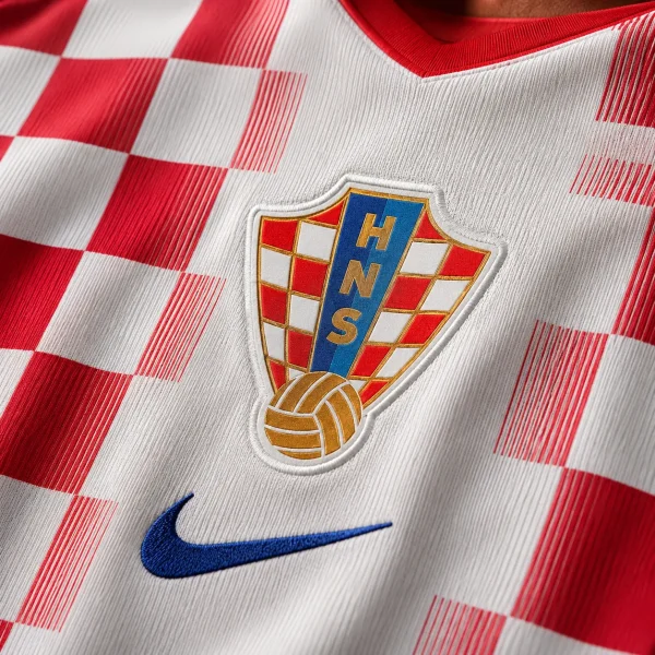 Croatia football crest on red and white checkerboard jersey fabric background