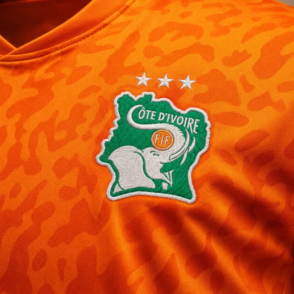 Ivory Coast football crest on orange jersey fabric background