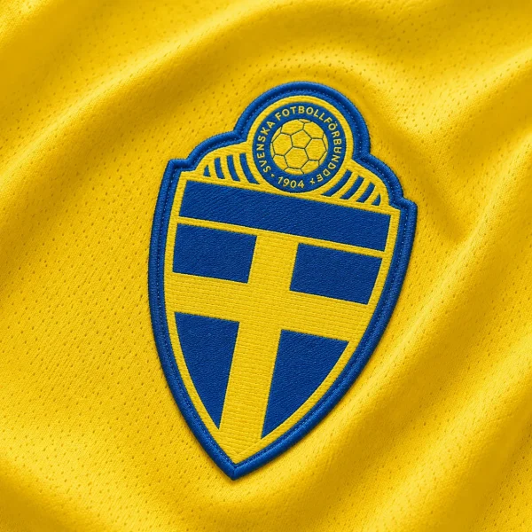 Sweden football crest on yellow jersey fabric background