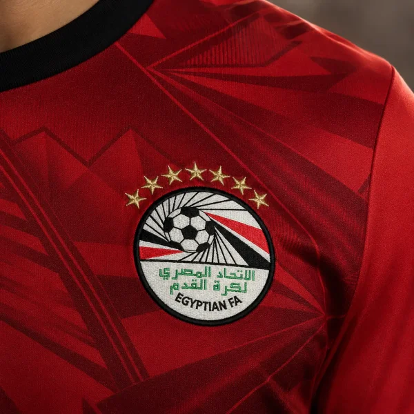 Egypt football crest on red jersey fabric background