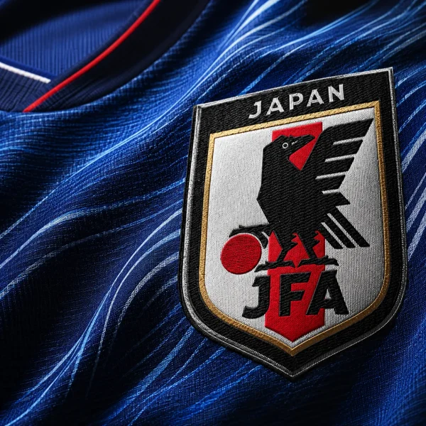 Japan football crest on blue jersey fabric background