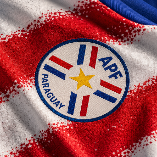 Paraguay football crest on red white and blue jersey fabric background