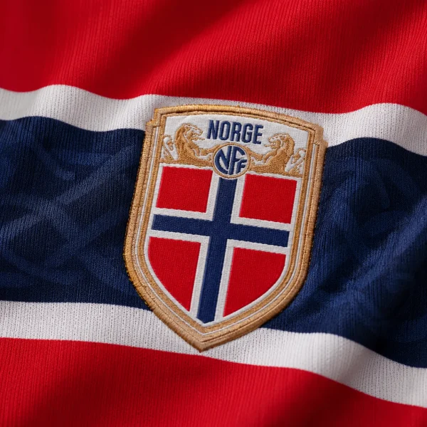 Norway football crest on red white and navy jersey fabric background