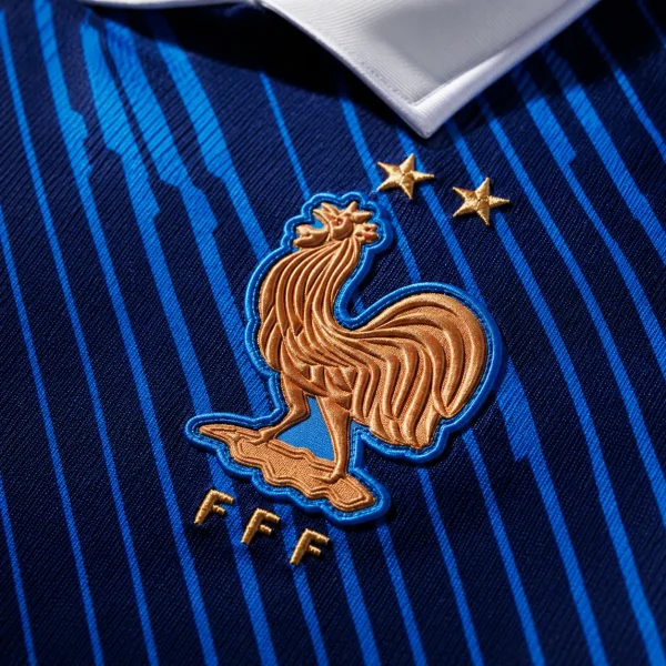 France football crest on blue jersey fabric background