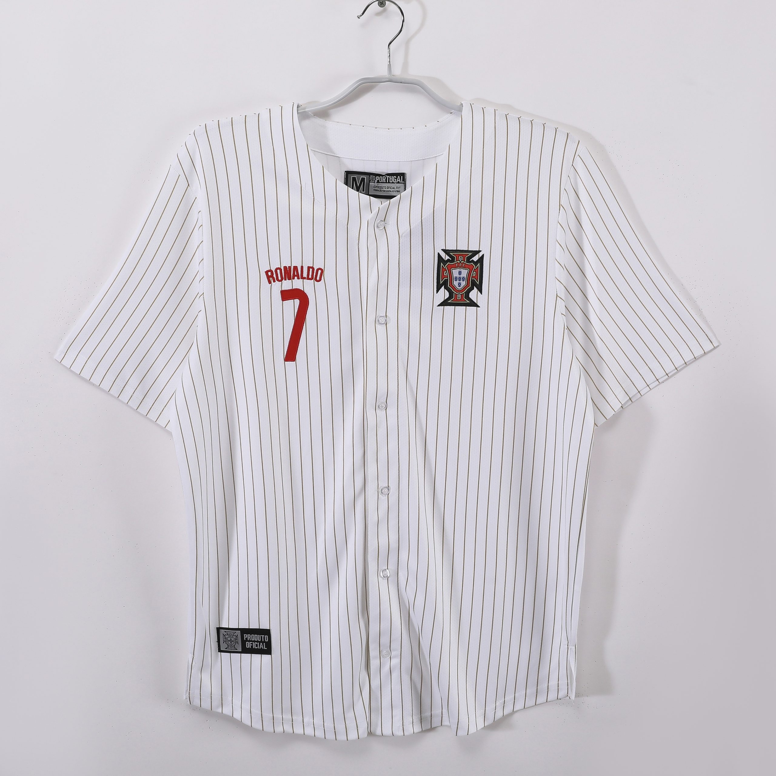 2025E891A1E89084E78999E799BDE889B2-E6A392E79083E69C8D-scaled-1.jpg Portugal 2025 Special Edition Baseball Jersey – White Pinstripe Ronaldo 7 - Image 1